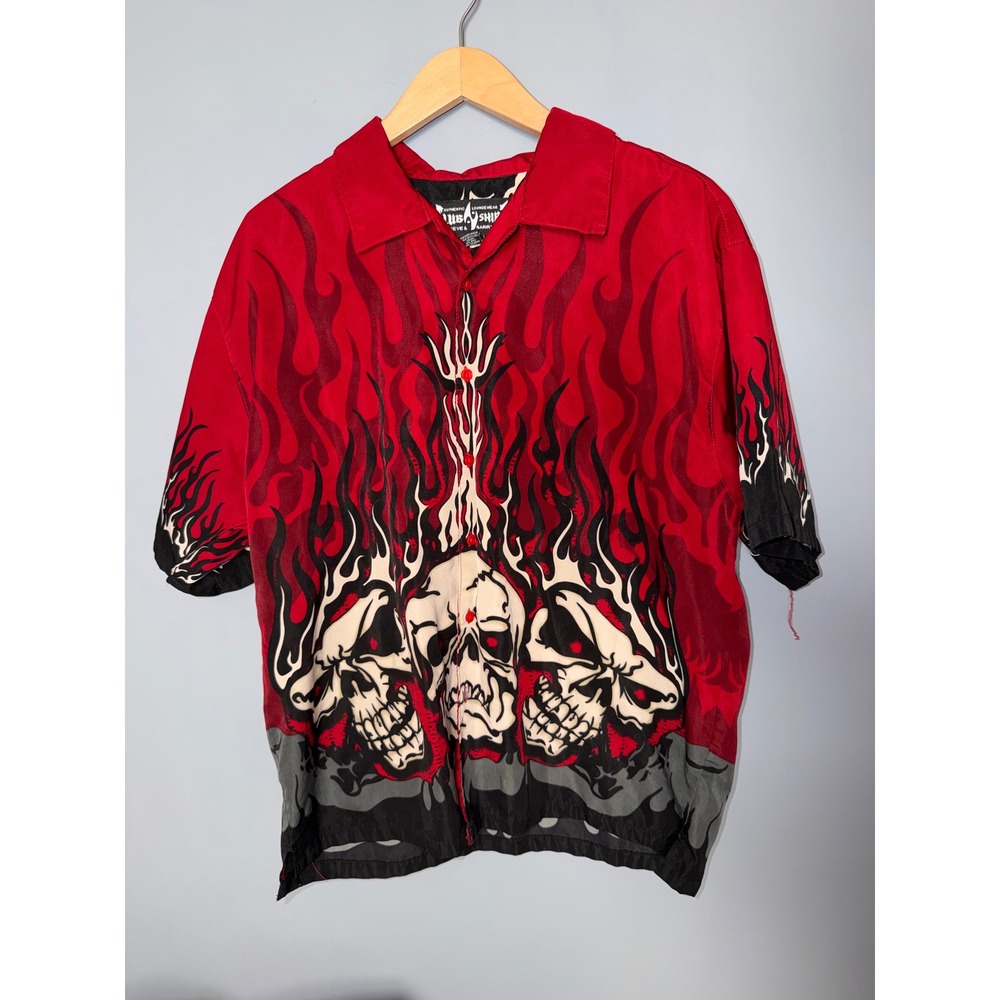 Steve Barrys Lounge Wear Red Skull Flame Button Up Shirt Mens Size L